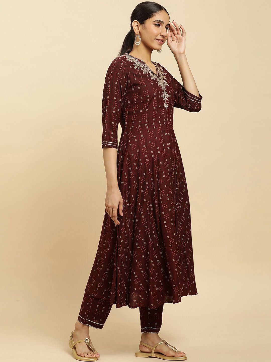 W Brown Ethnic Motifs Printed Thread Work Detailed A-Line Kurta & Trousers With Dupatta