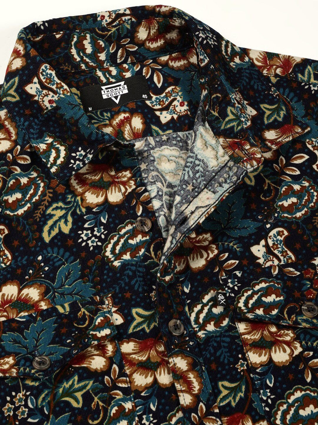 Thomas Scott Classic Slim Fit Corduroy Floral Printed Pure Cotton Semiformal Shirt