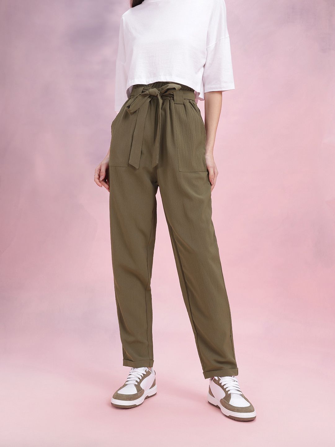 DressBerry Women Crinkled Belted Trousers