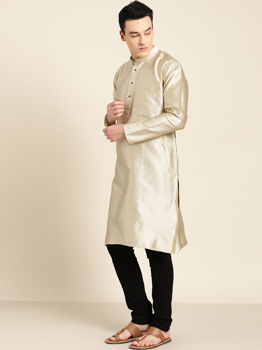 SOJANYA Men Beige Woven Design Straight Kurta