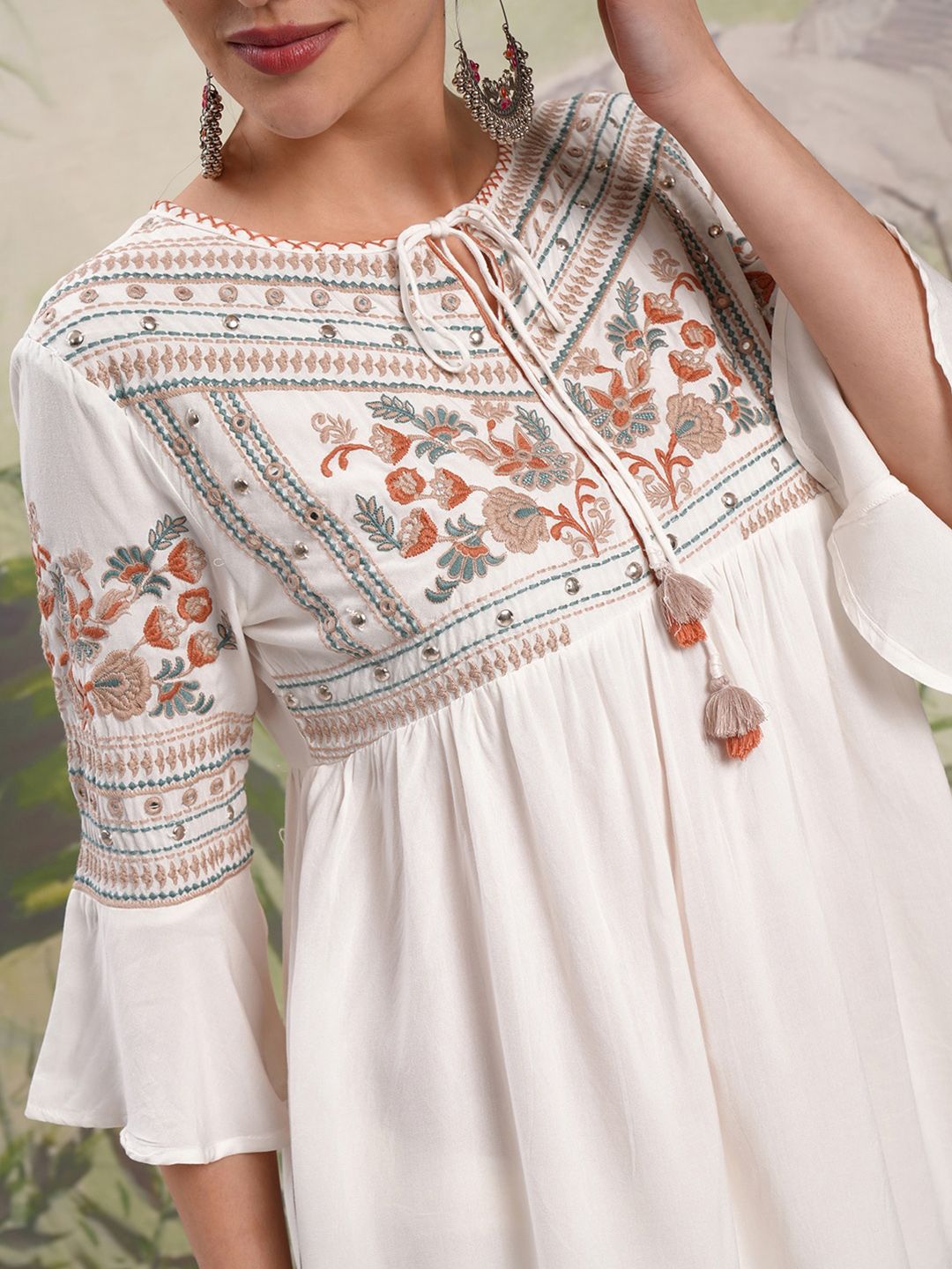Vishudh White Floral Embroidered Tie-Up Neck Flared Sleeves Short A-Line Top