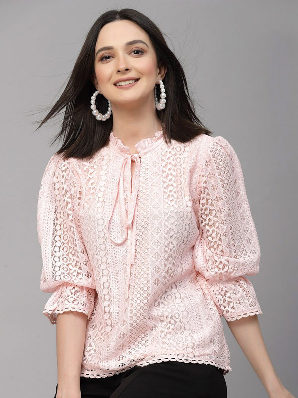 Style Quotient Self Design Tie-Up Neck Puff Sleeve Cotton Top
