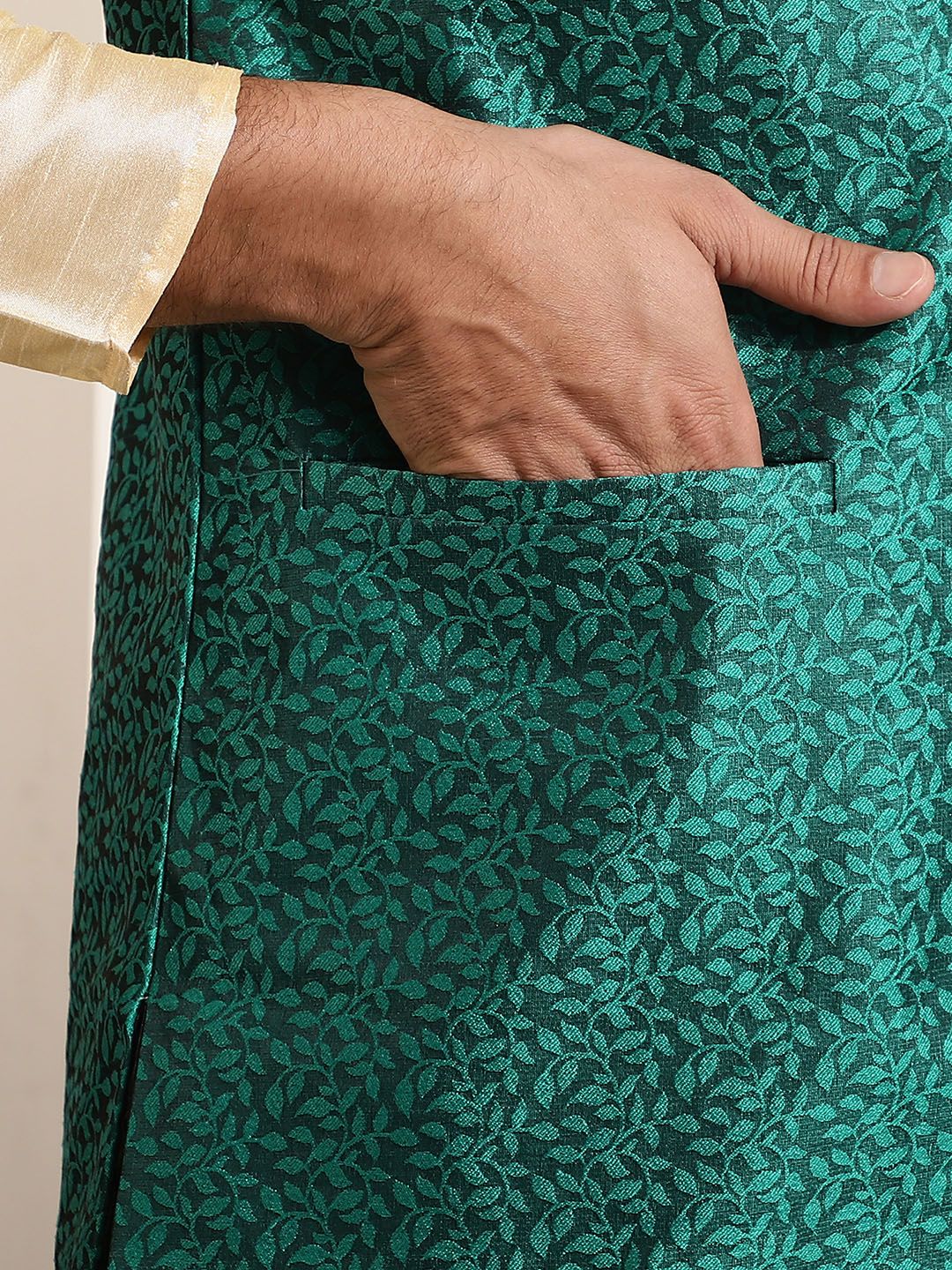 SOJANYA Men Golden & Green Kurta with Churidar And Nehru Jacket