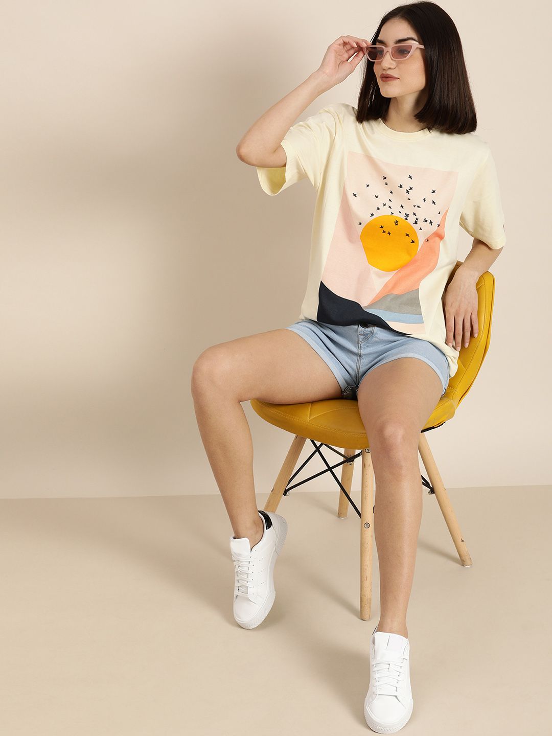DILLINGER Women Cream-Coloured Printed Cotton Oversized Pure Cotton T-shirt