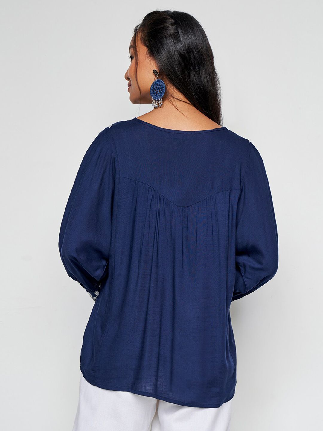 Global Desi Floral Embroidered V-Neck Cuffed Sleeves Empire Top