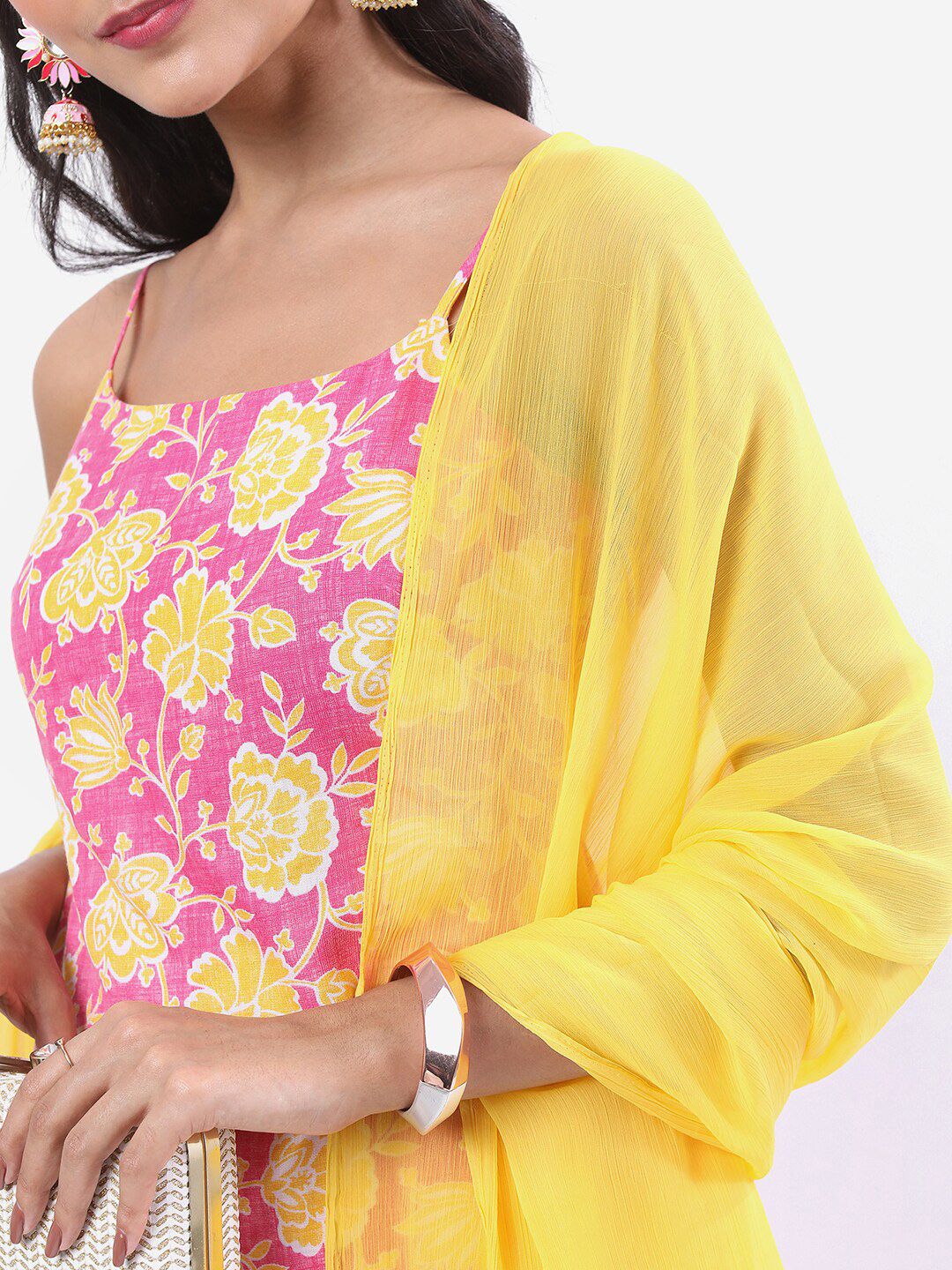 Vishudh Pink & Yellow Floral Printed Shoulder Straps Kurti With Sharara &  Dupatta