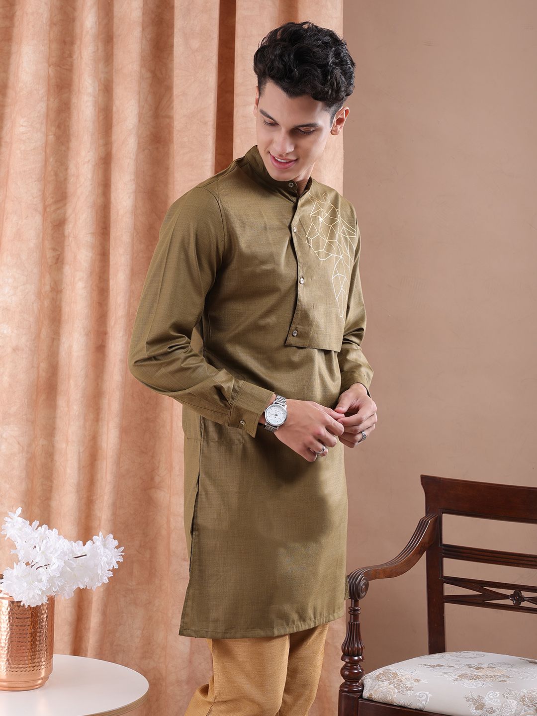 The Indian Garage Co Men Brown Solid Angrakha Kurta with Printed Detailing