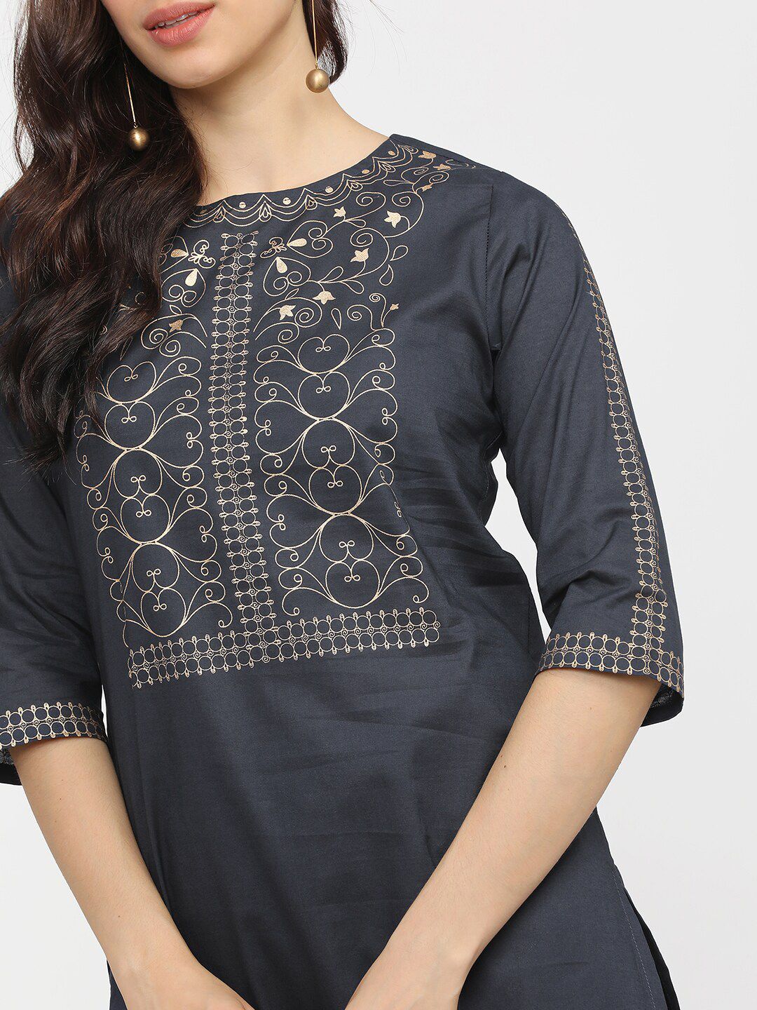 Vishudh Women Navy Blue Ethnic Motifs Yoke Design Flared Sleeves Mirror Work Kurta