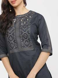 Vishudh Women Navy Blue Ethnic Motifs Yoke Design Flared Sleeves Mirror Work Kurta