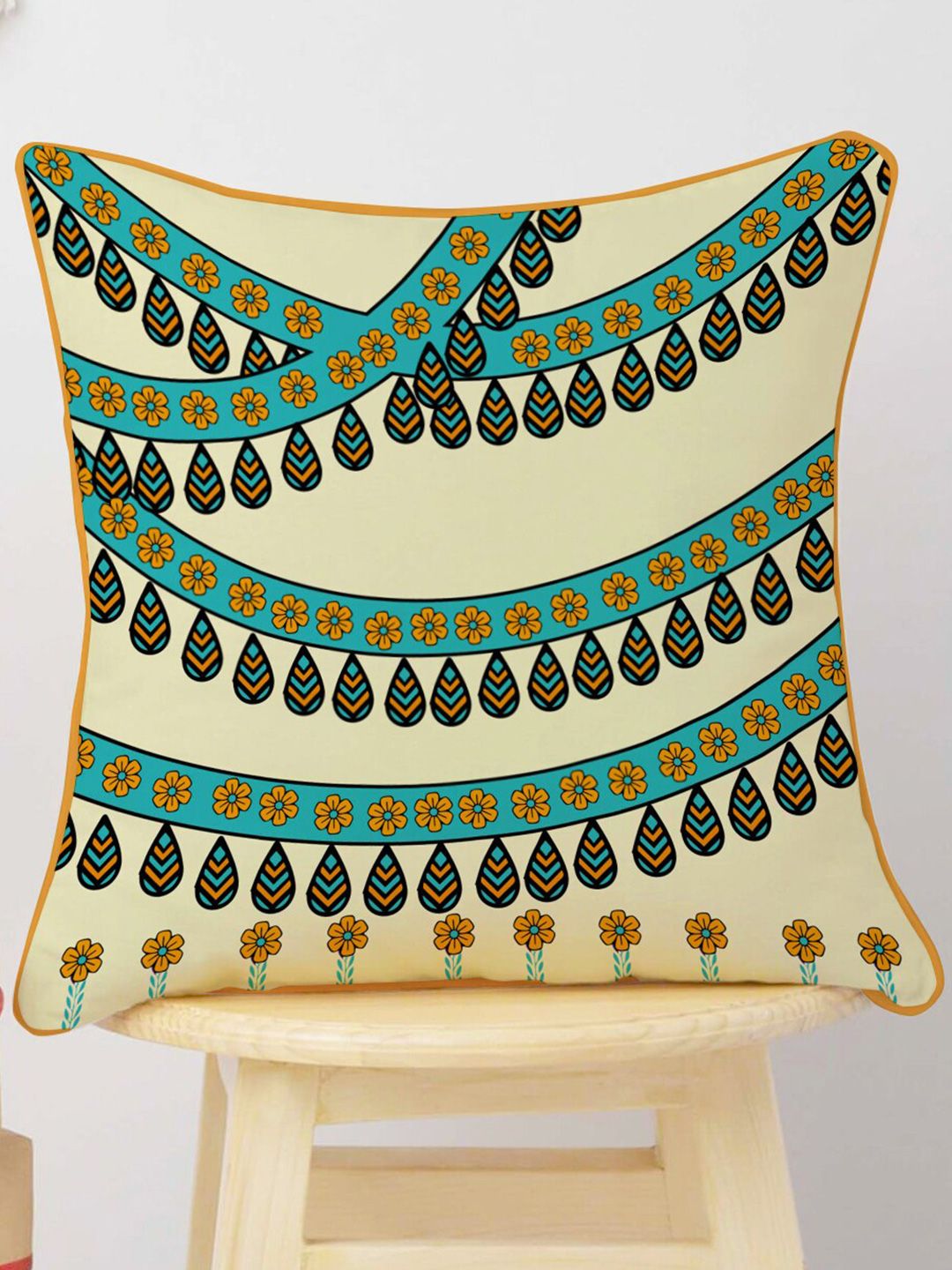 STITCHNEST Blue & Cream-Coloured Set of 5 Floral Velvet Square Cushion Covers