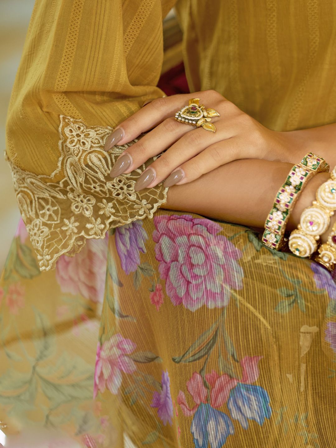 Varanga Floral Embroidered V-Neck Thread Work Pure Cotton Kurta With Trousers And Dupatta