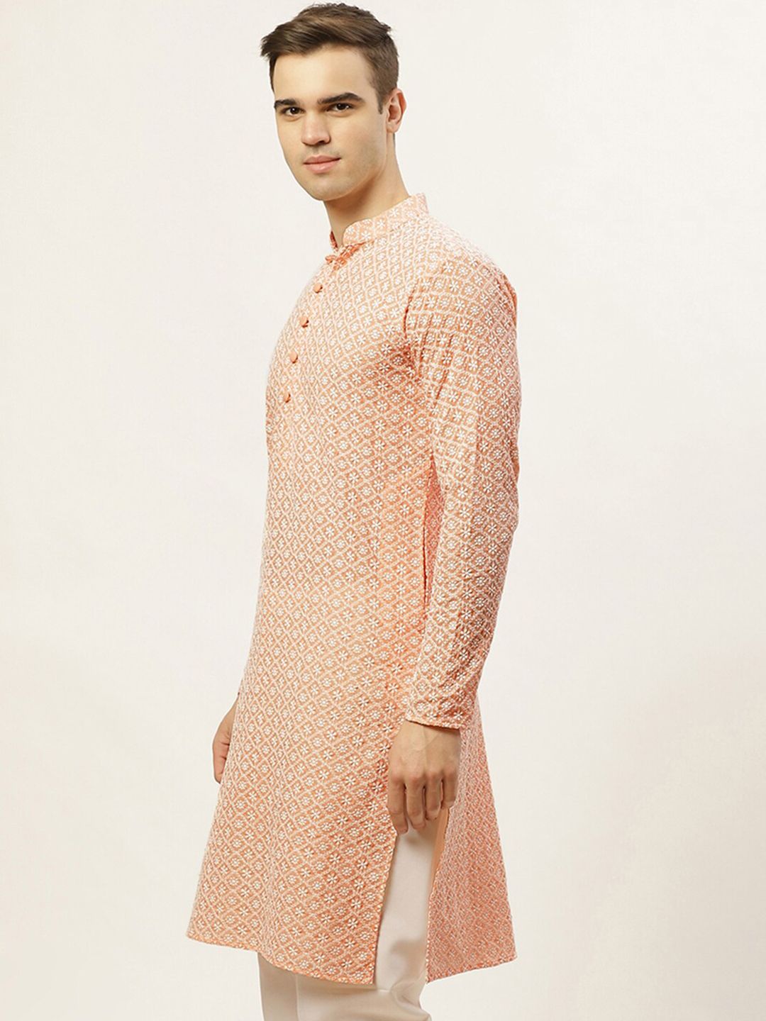 Jompers Men Orange Pure Cotton Floral Embroidered Straight Kurta