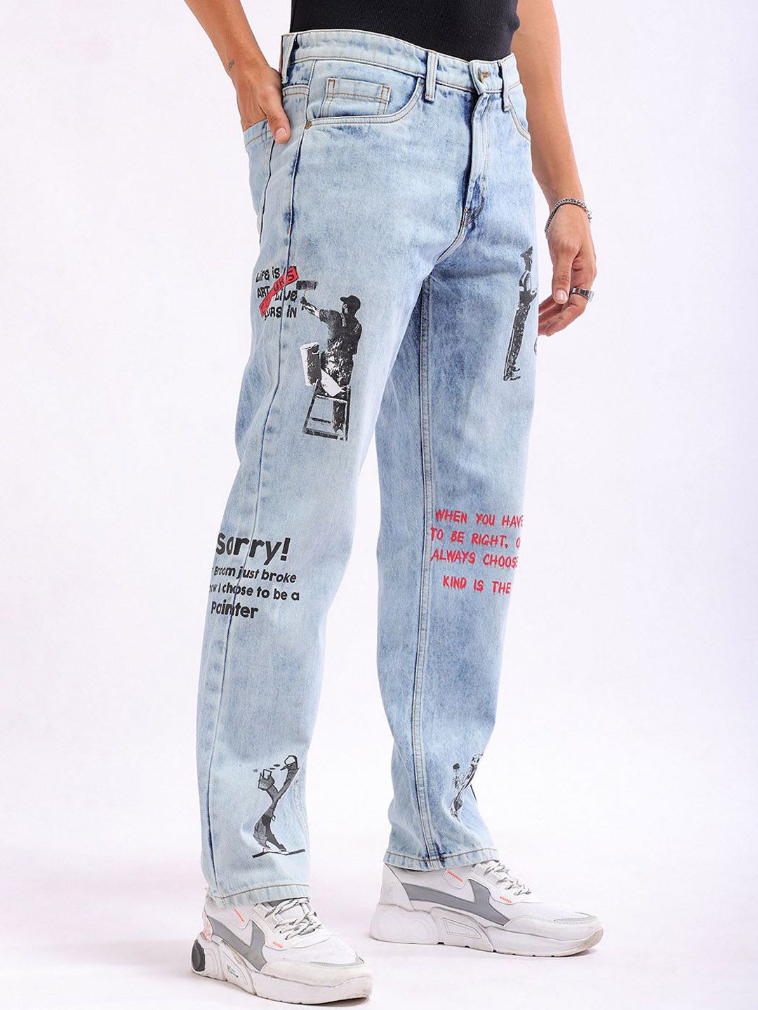 The Indian Garage Co Men Straight Fit Printed Clean Look Heavy Fade Pure Cotton Jeans