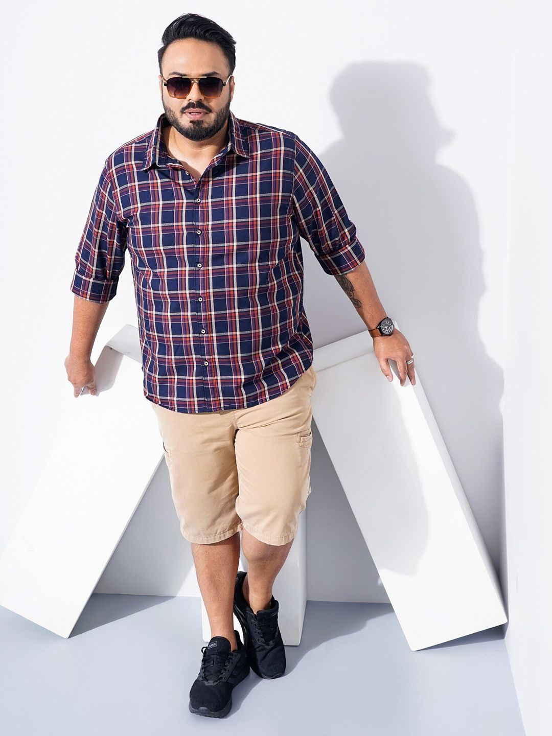 The Indian Garage Co Plus Size Windowpane Checked Cotton Casual Shirt