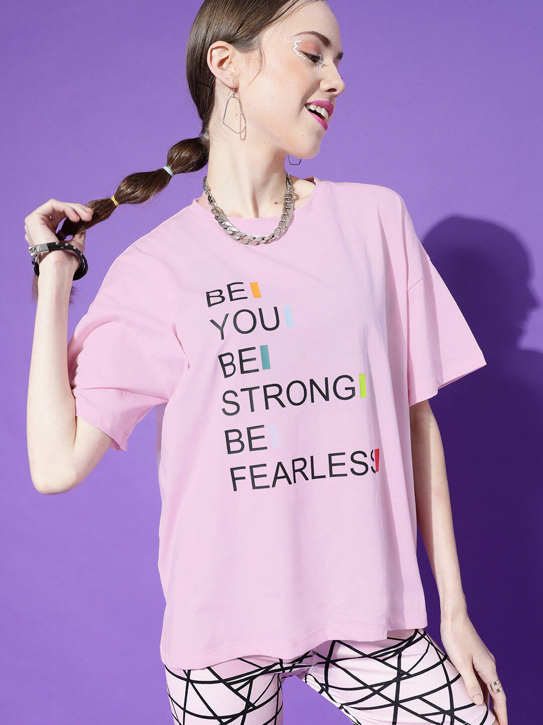 STREET 9 Women Pink Typography Printed Drop-Shoulder Pure Cotton T-shirt