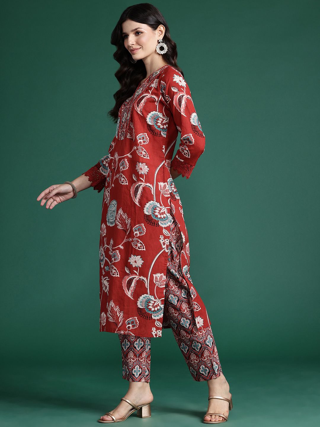 Indo Era Floral Printed Sequinned Pure Cotton Kurta With Trousers & Dupatta