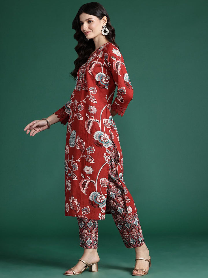 Indo Era Floral Printed Sequinned Pure Cotton Kurta With Trousers & Dupatta