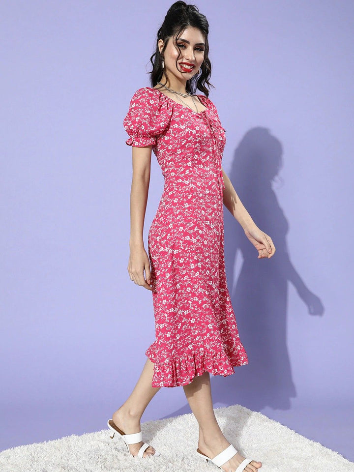 Berrylush Fuchsia & White Floral Puff Sleeves Crepe A-Line Midi Dress