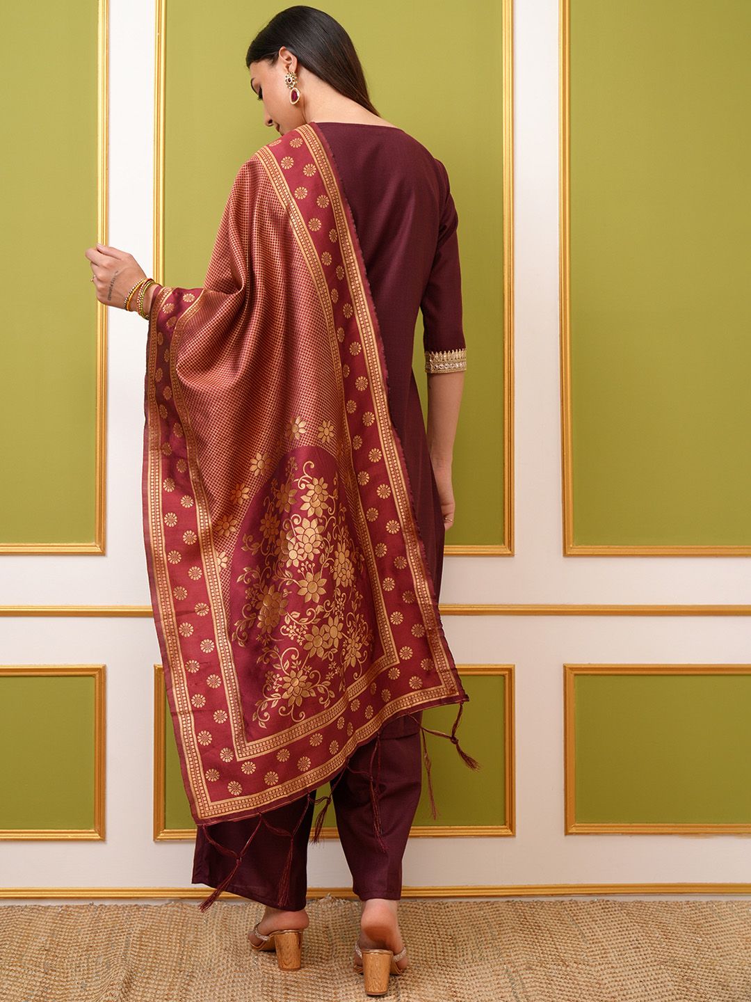 Vishudh Burgundy Yoke Design Thread Work Straight Kurta & Palazzos With Dupatta