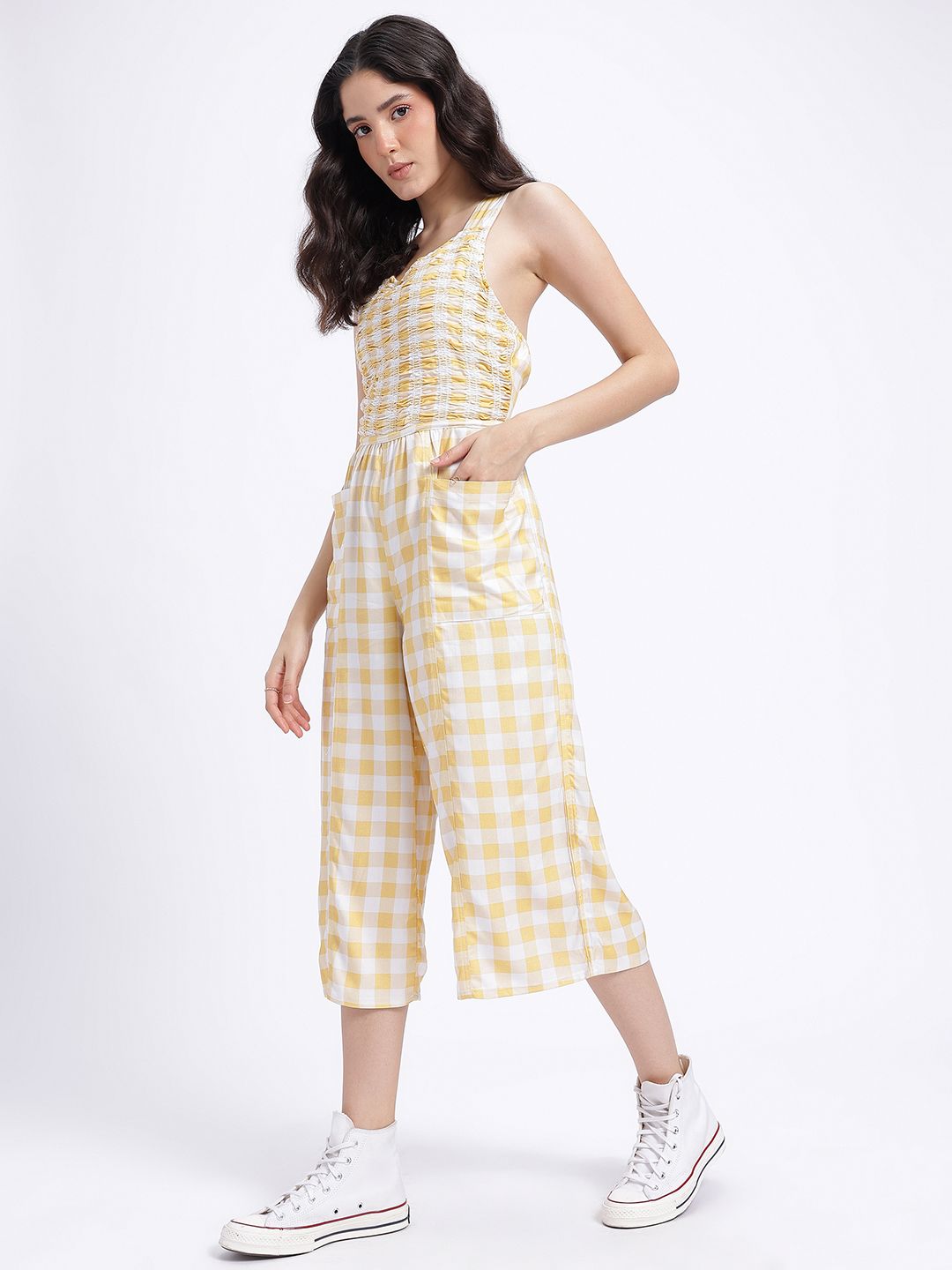 DressBerry Smocked Checked Styled Back Jumpsuit