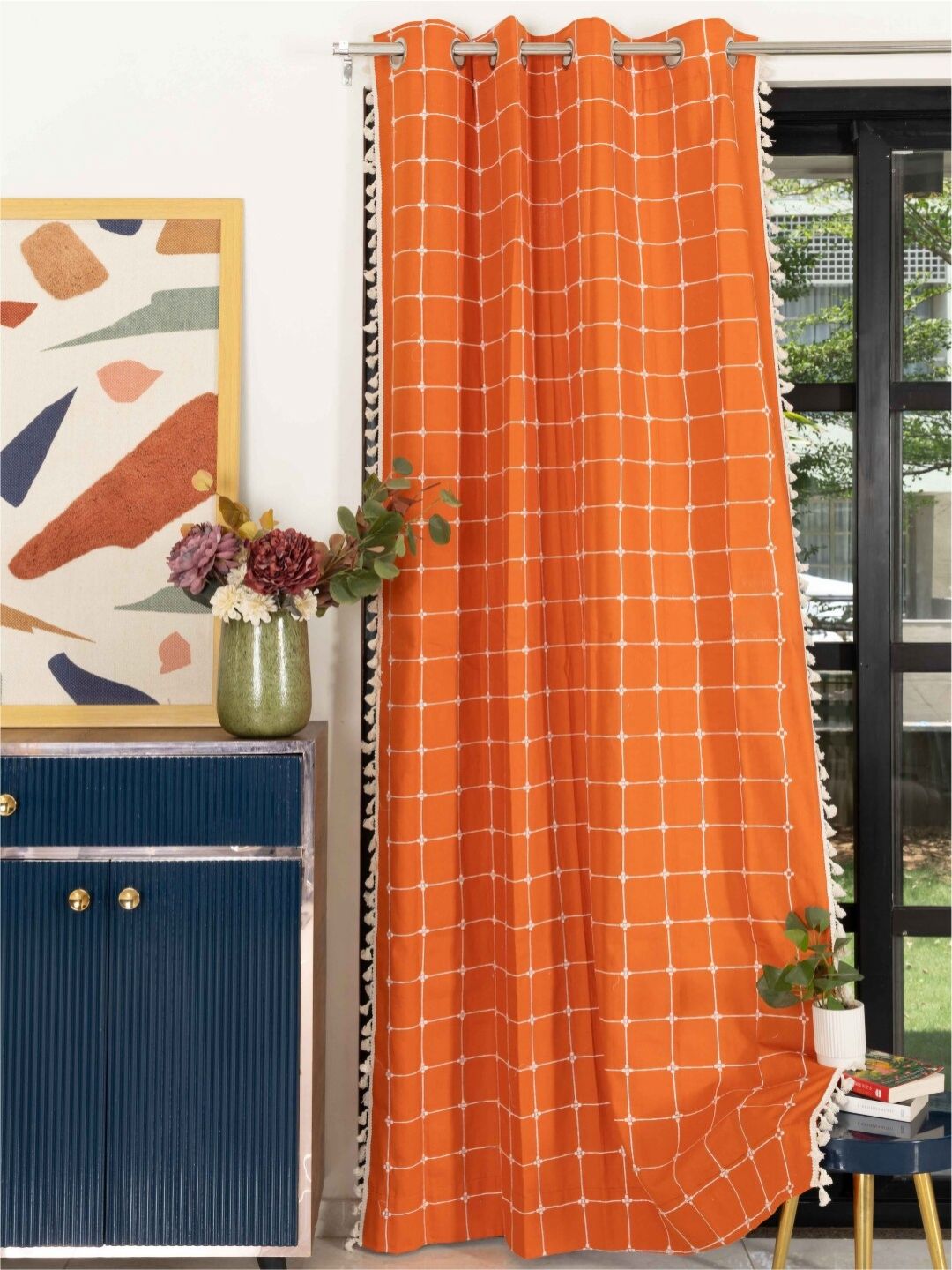 URBAN SPACE Orange & White Embroidered Long Door Curtain