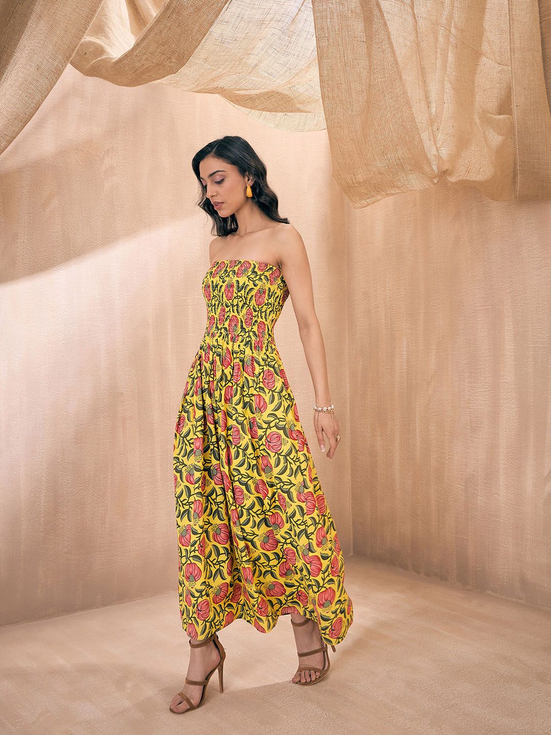 Pink Paprika by SASSAFRAS Yellow Floral Printed Smocked Fit & Flare Maxi Dress
