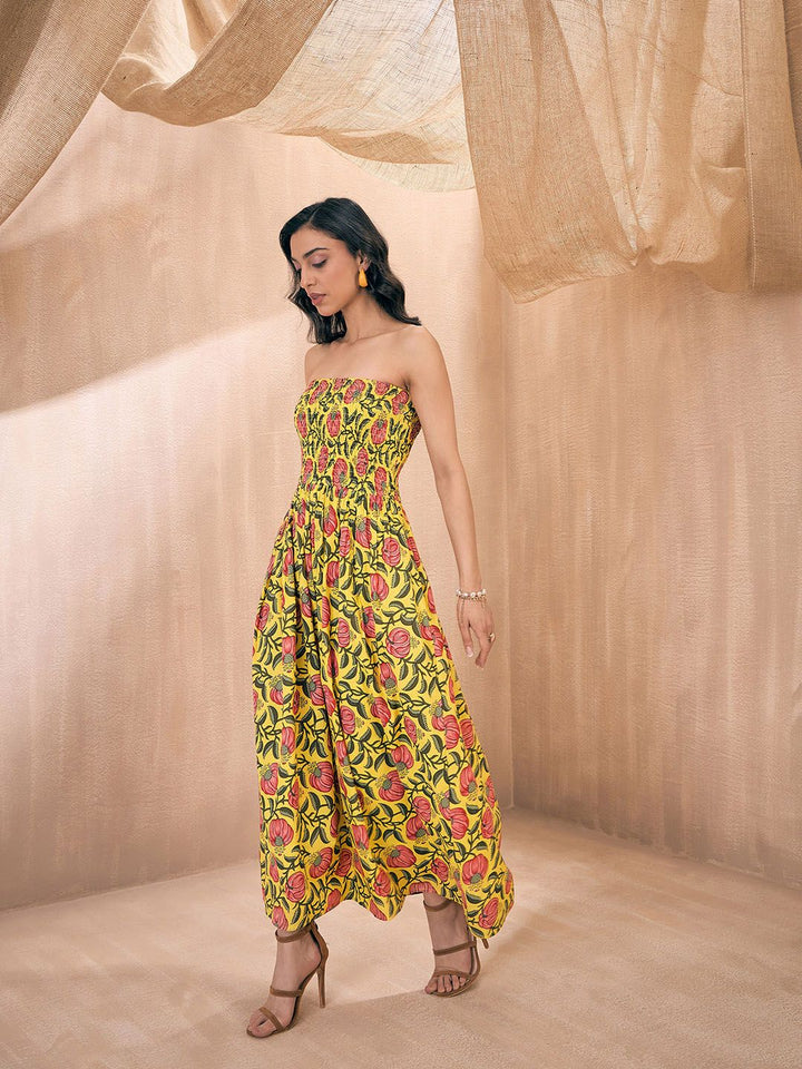 Pink Paprika by SASSAFRAS Yellow Floral Printed Smocked Fit & Flare Maxi Dress