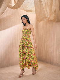 Pink Paprika by SASSAFRAS Yellow Floral Printed Smocked Fit & Flare Maxi Dress
