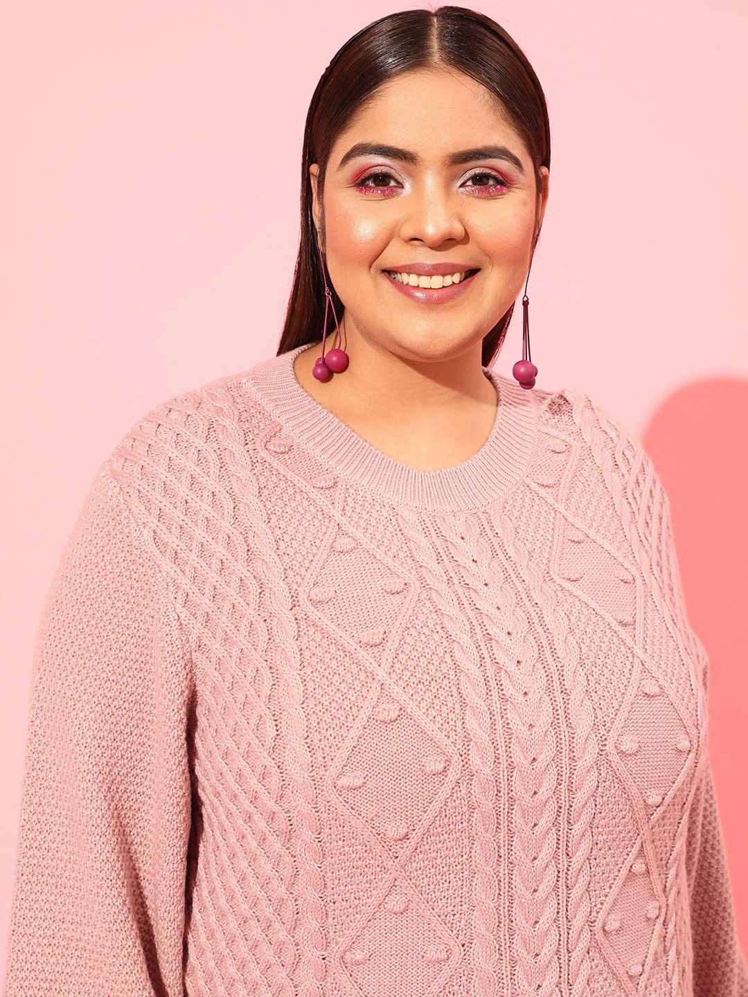 CURVY STREET Plus Size Women Pink Cable Knit Acrylic Pullover