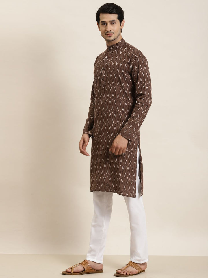 SOJANYA Men Brown & Cream-Coloured Ethnic Motifs Printed Kurta