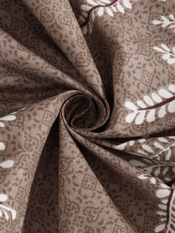 KLOTTHE Brown & White Floral Printed 300 TC Fitted Double King Bedsheet & 4 Pillow Cover