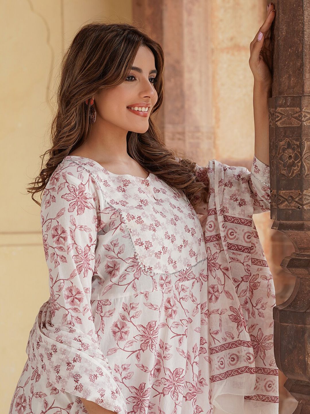 KALINI Floral Printed V-Neck Regular Gotta Patti Kurta With Trousers & Dupatta