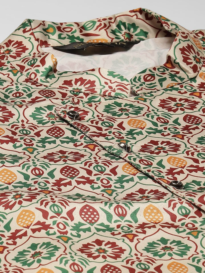 SOJANYA Men Off White & Maroon Ethnic Motifs Print Kurta & Churidar with Tailored Jacket