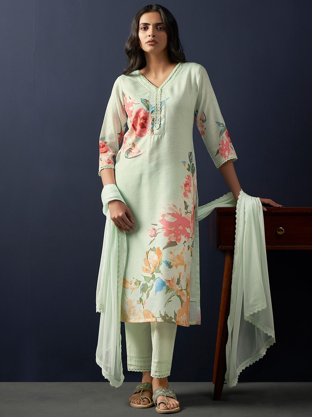 Indo Era Floral Printed Regular Linen Straight Kurta With Trousers & Dupatta