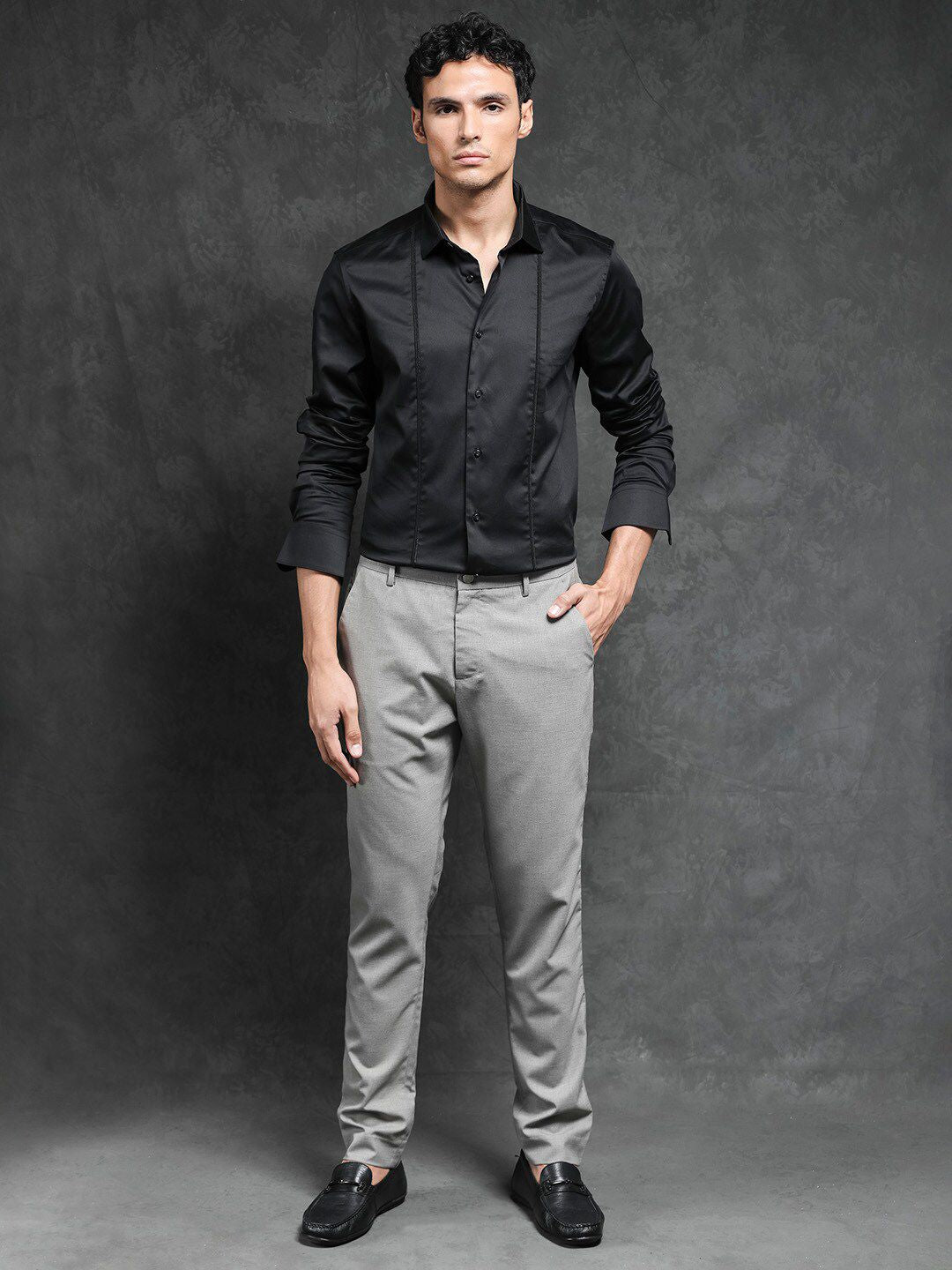 RARE RABBIT Men Liner Black Slim Fit Opaque Cotton Shirt