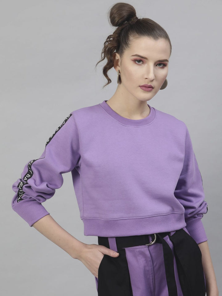STREET 9 Women Purple Solid Cotton Crop Sweatshirt