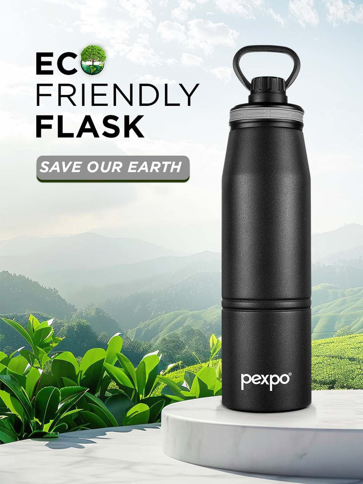 Pexpo Altros Black Double wall Thermosteel Hot and Cold Knight Flask Water Bottle 940 ml