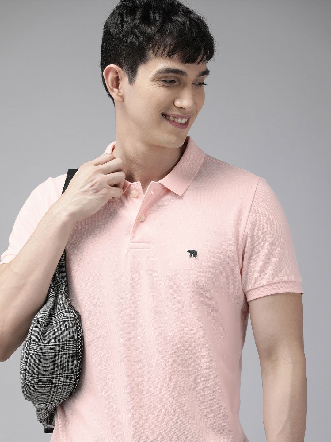 THE BEAR HOUSE Men Pink Polo Collar Cotton Slim Fit T-shirt