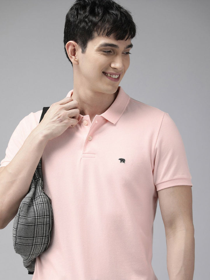 THE BEAR HOUSE Men Pink Polo Collar Cotton Slim Fit T-shirt