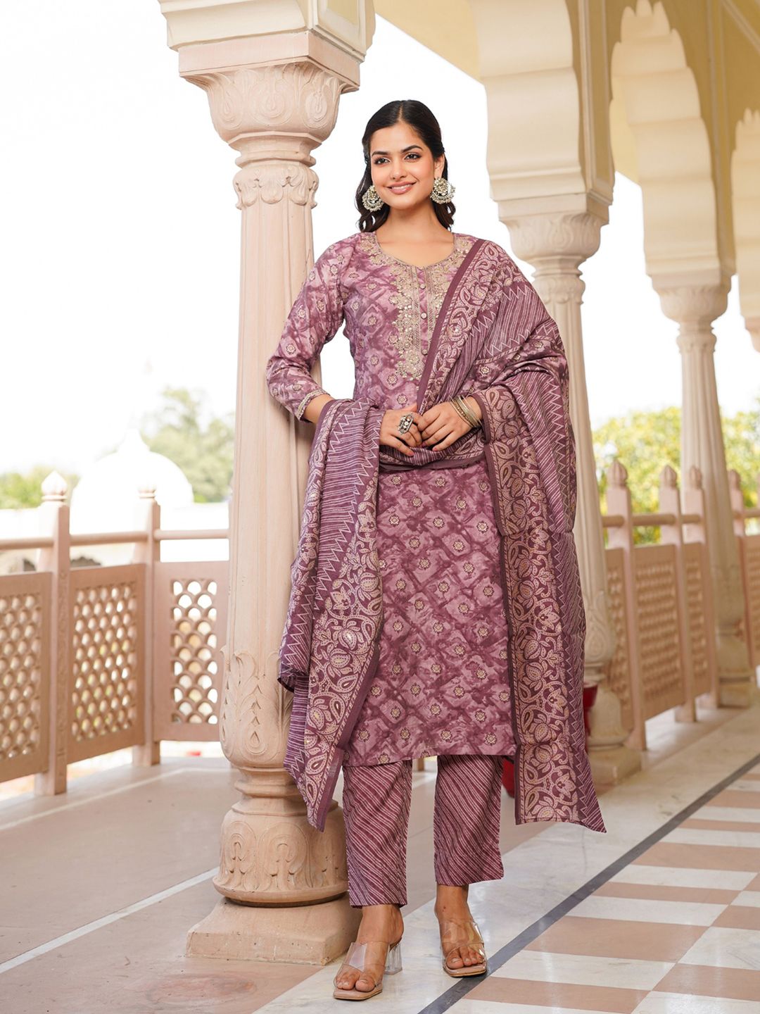 KALINI Ethnic Motifs Zari Embroidered Straight Kurta With Trousers & Dupatta