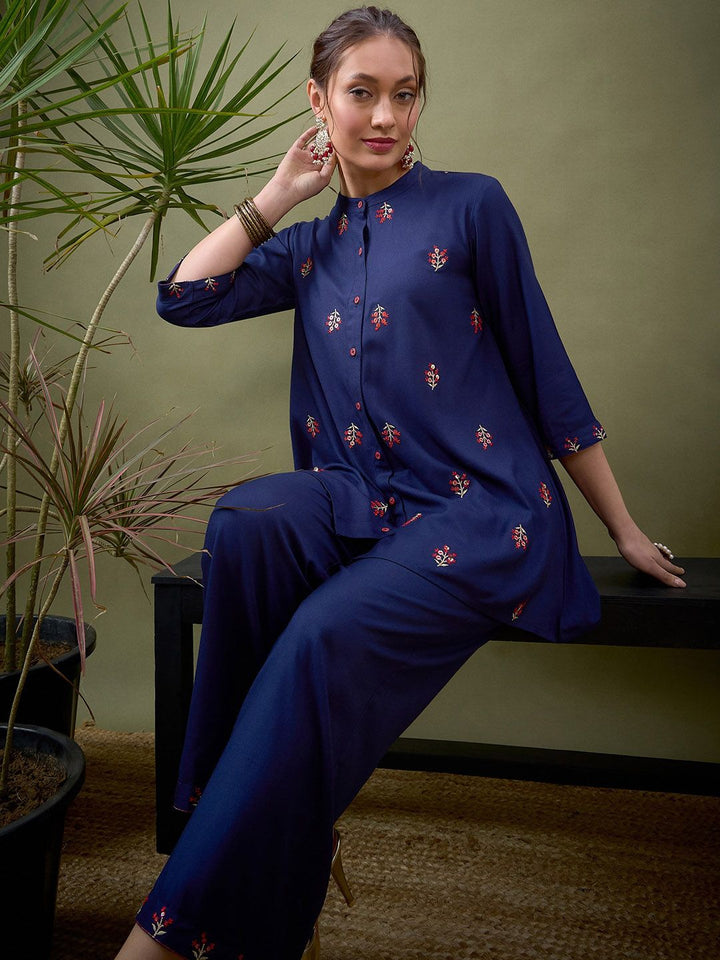 Shae by SASSAFRAS Blue Embroidered Shirt With Palazzos Co-Ords