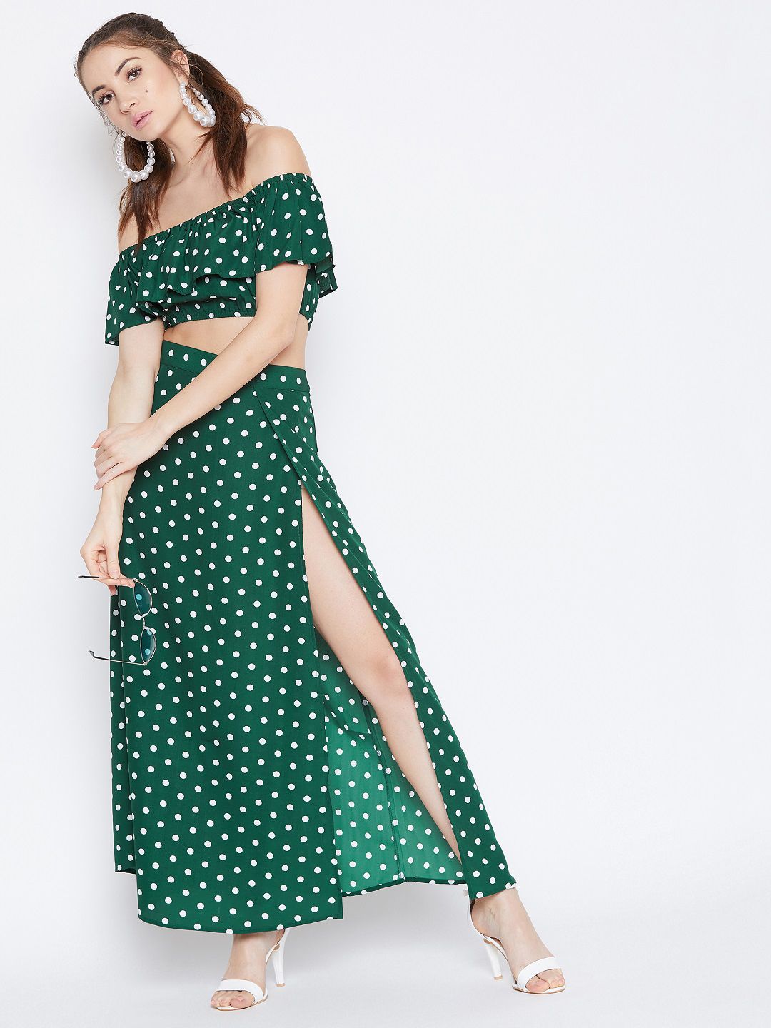 Berrylush Green Polka Dot Print Two-Piece Bardot Dress