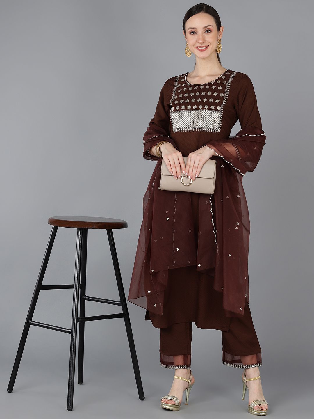 KALINI Ethnic Motifs Yoke Design Regular Sequinned Kurta With Trousers & Dupatta