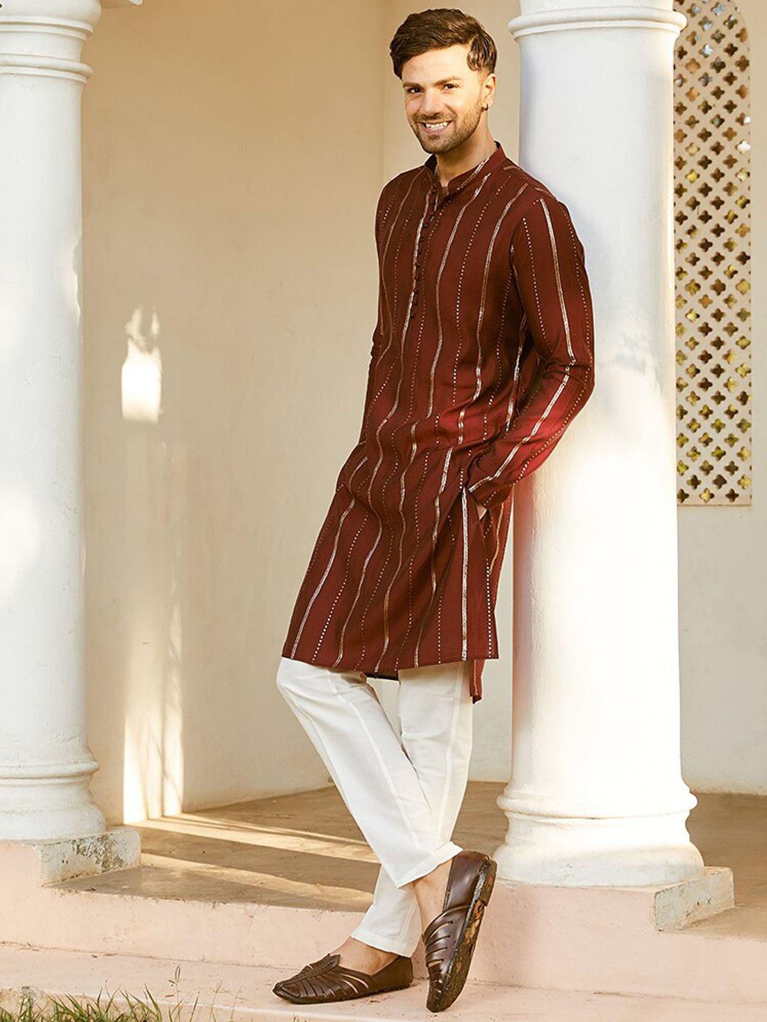 See Designs Striped Embroidered Sequined Straight Kurta