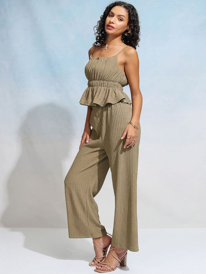 Tokyo Talkies Brown Striped Shoulder Straps Peplum Top With Trousers