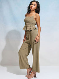 Tokyo Talkies Brown Striped Shoulder Straps Peplum Top With Trousers