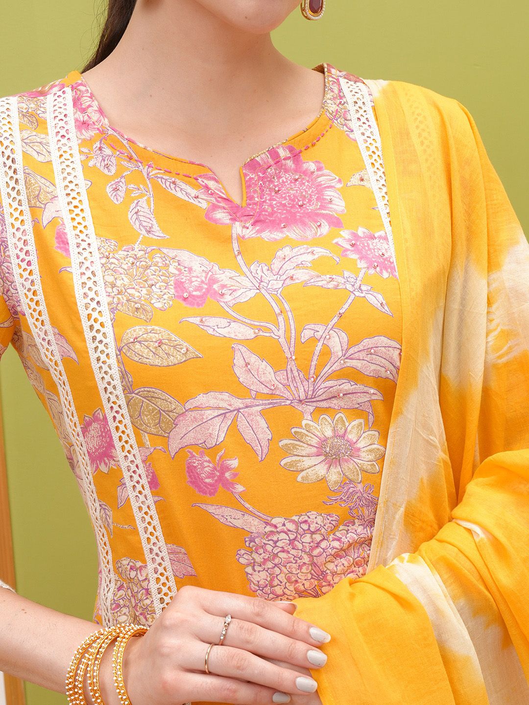 Vishudh Floral Printed Regular Thread Work Pure Cotton Kurta with Trousers & With Dupatta