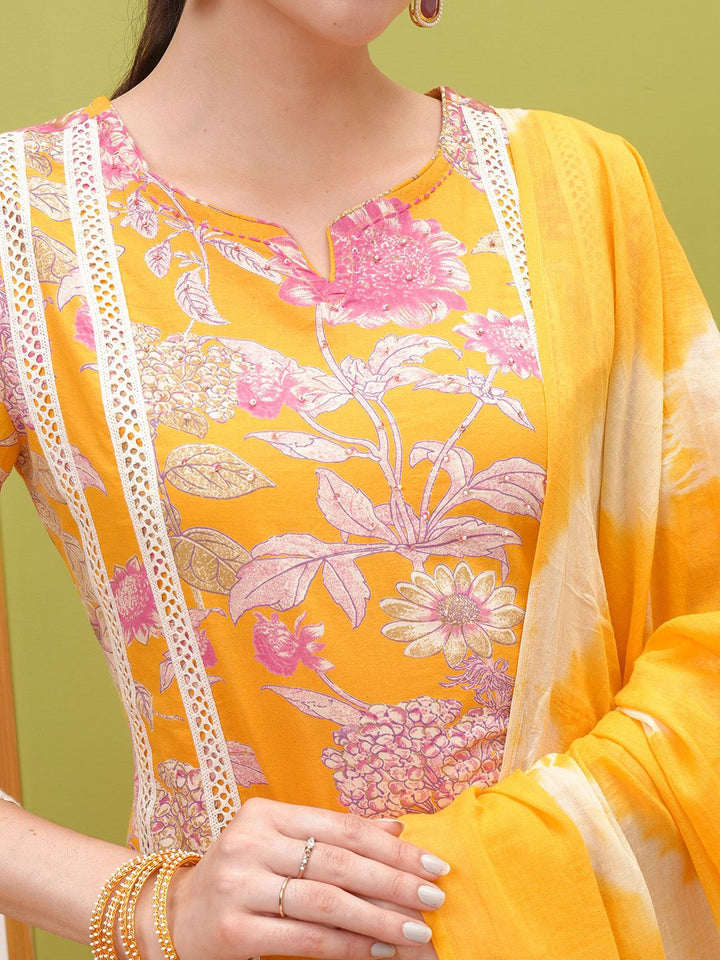 Vishudh Floral Printed Regular Thread Work Pure Cotton Kurta with Trousers & With Dupatta