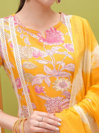 Vishudh Floral Printed Regular Thread Work Pure Cotton Kurta with Trousers & With Dupatta