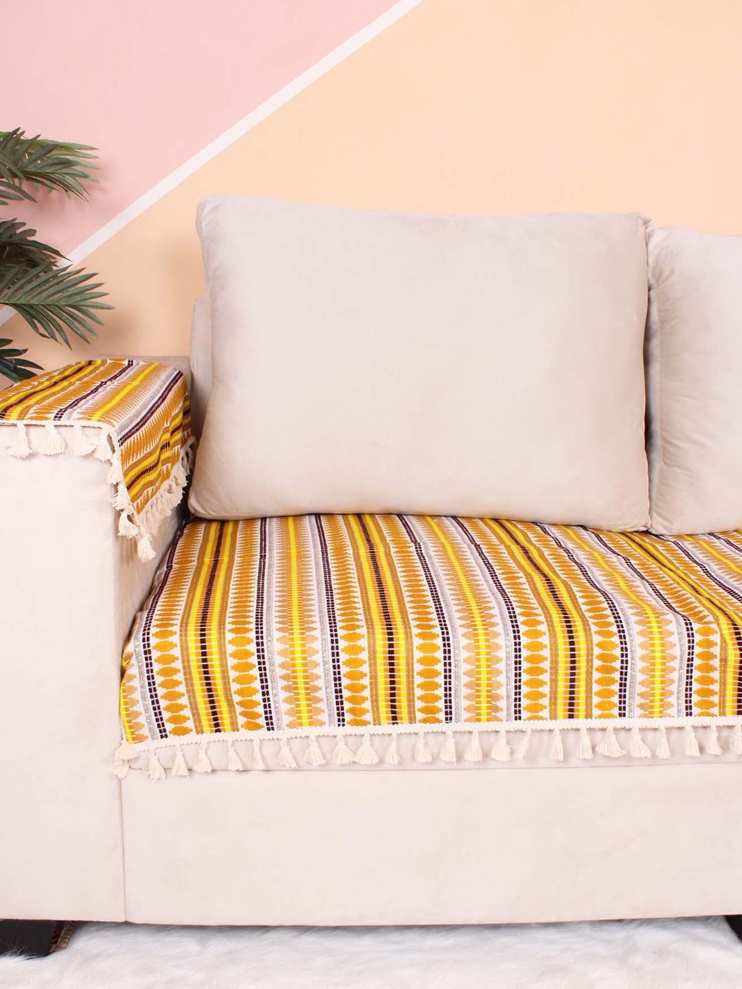 STITCHNEST Yellow & White Self Design Jacquard 3-Seater Sofa Cover